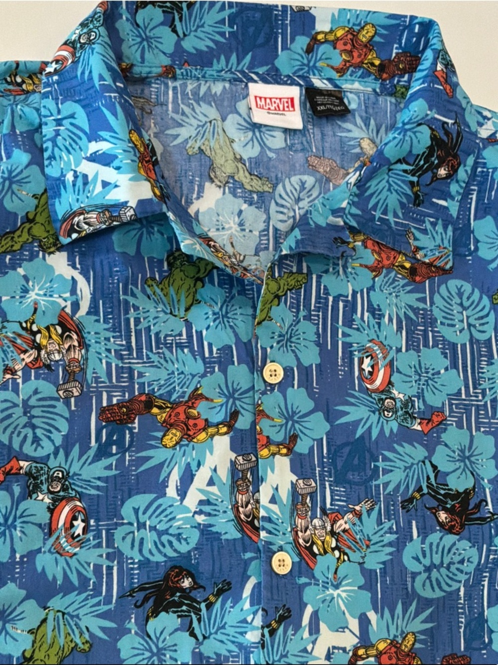Marvel Blue Tropical Hawaiian Shirt Superhero Print Men’s XXL Graphic Comic